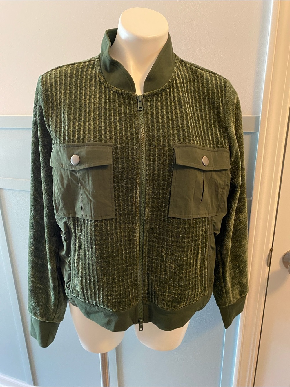 CAbi Olive Green Women's Bomber Jacket with Utility Pockets